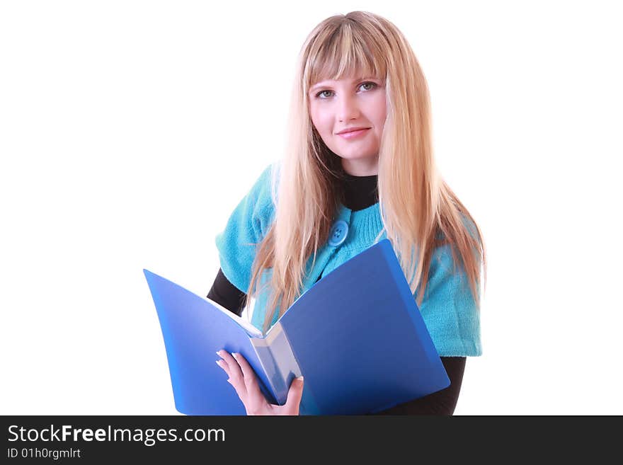 Woman with blue folder isolated on white