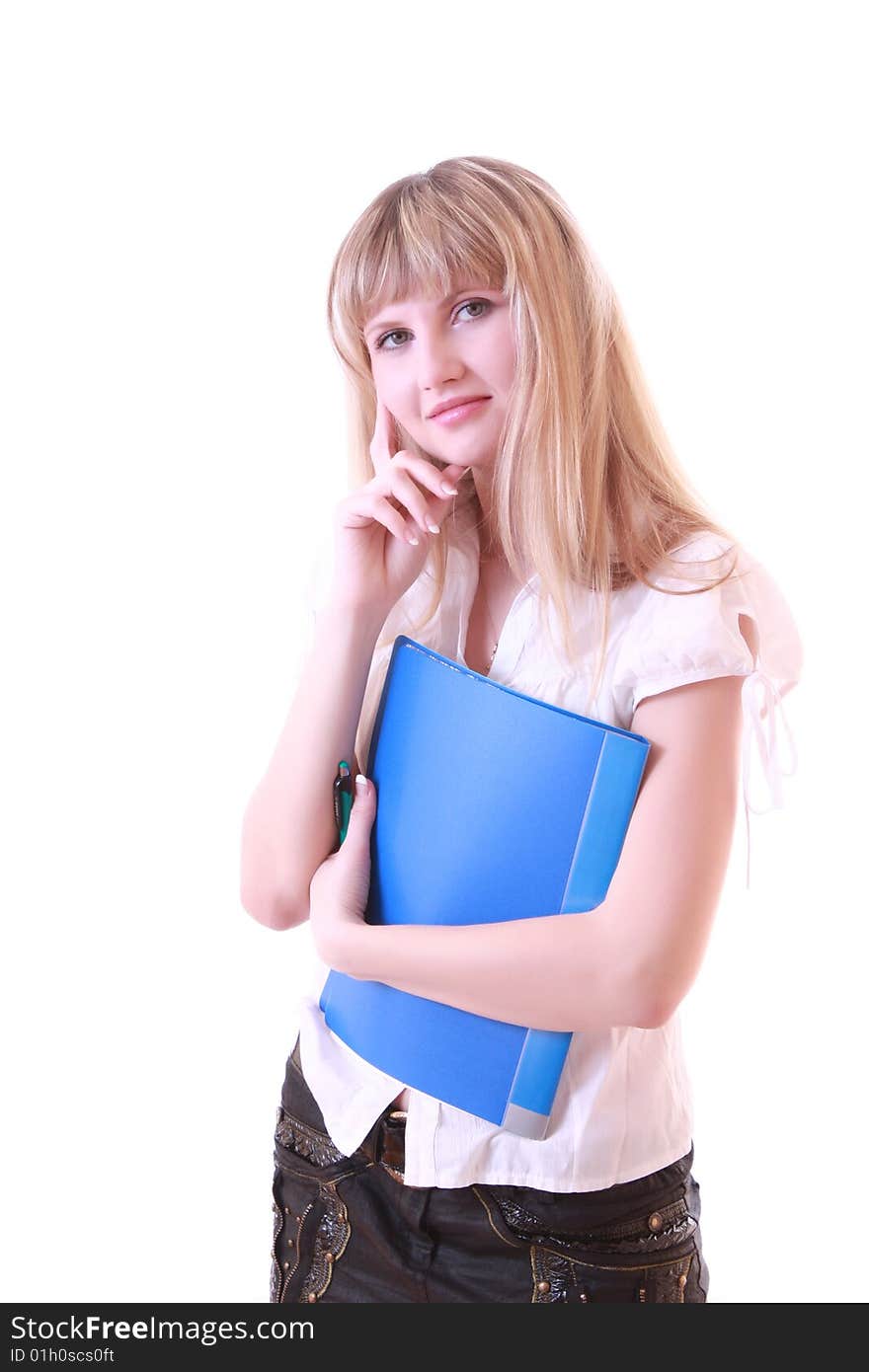 Woman with blue folder isolated on white