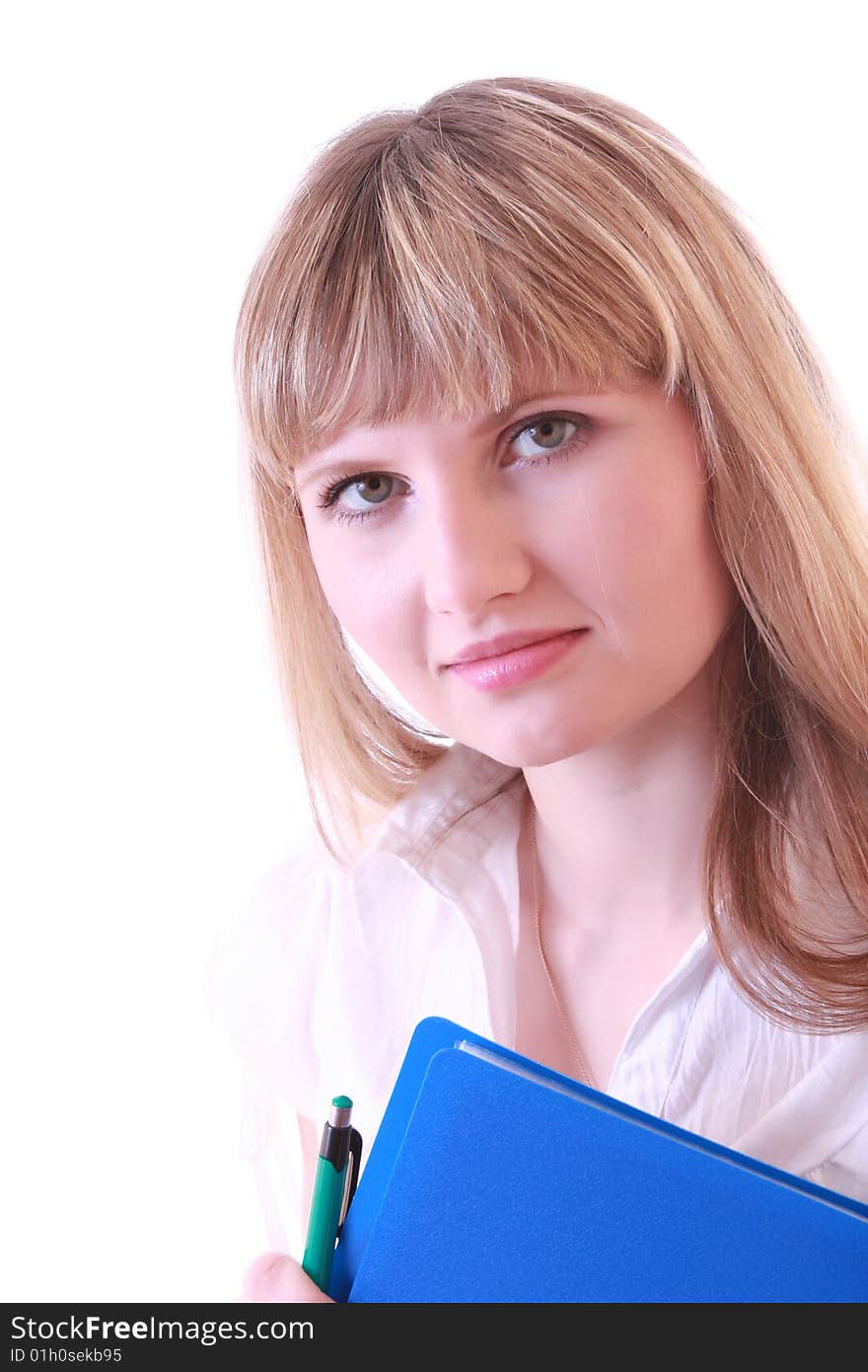 Woman with blue folder isolated on white