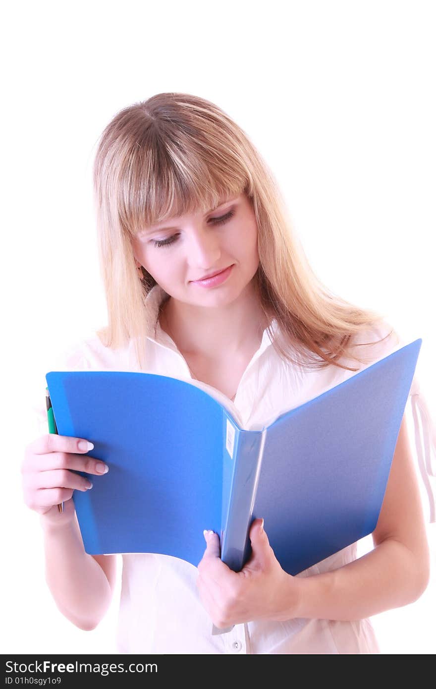 Woman with blue folder isolated on white