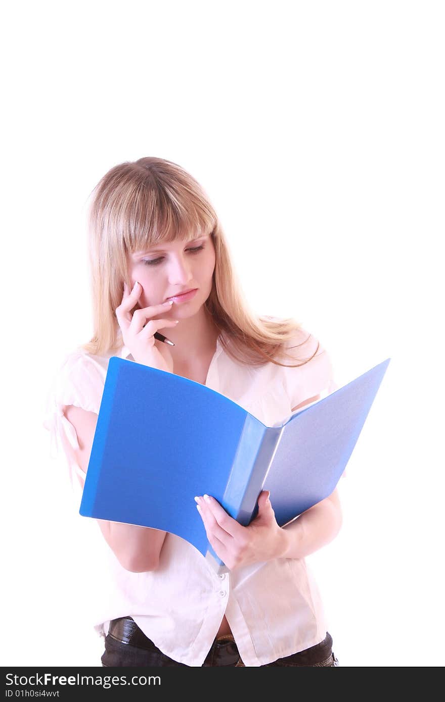 Woman with blue folder isolated on white