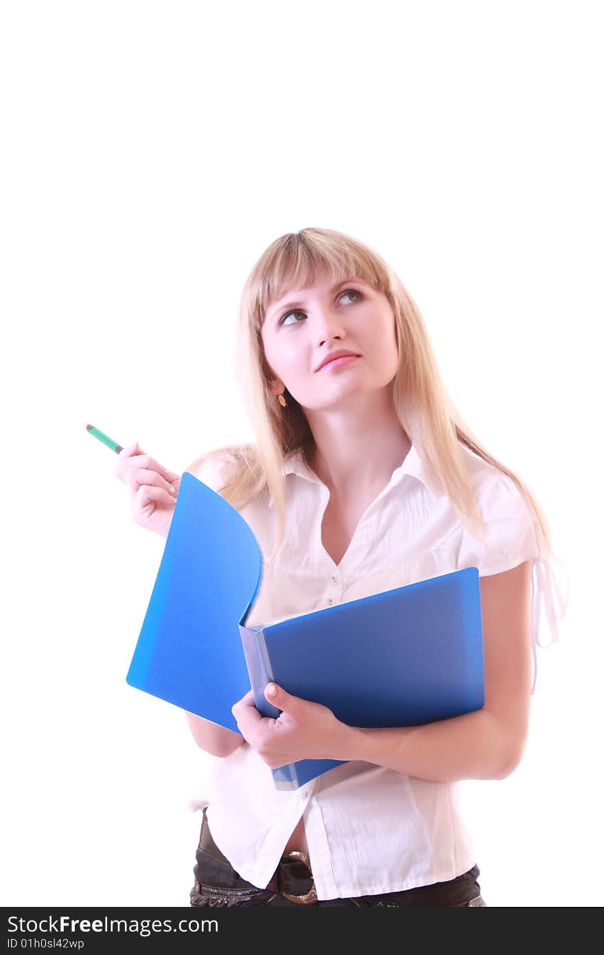 Woman with blue folder isolated on white