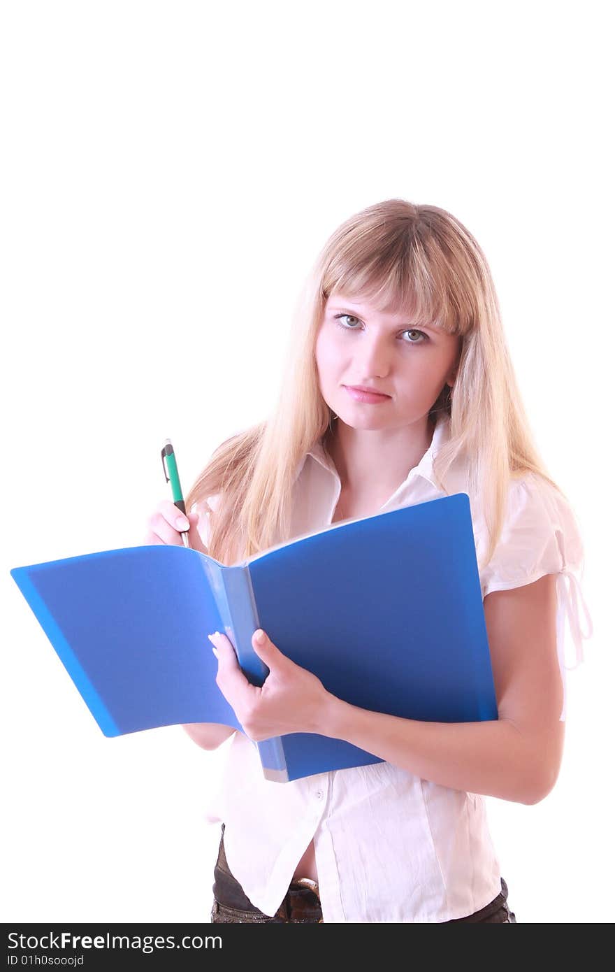 Woman with blue folder isolated on white