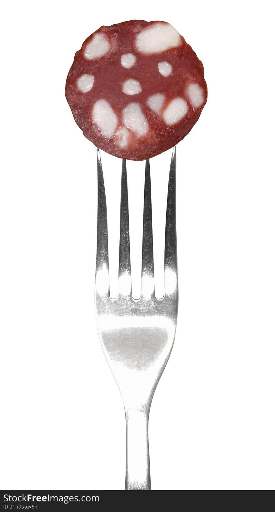 Slice of sausage on fork isolated on a white background. Clipping path. Slice of sausage on fork isolated on a white background. Clipping path.