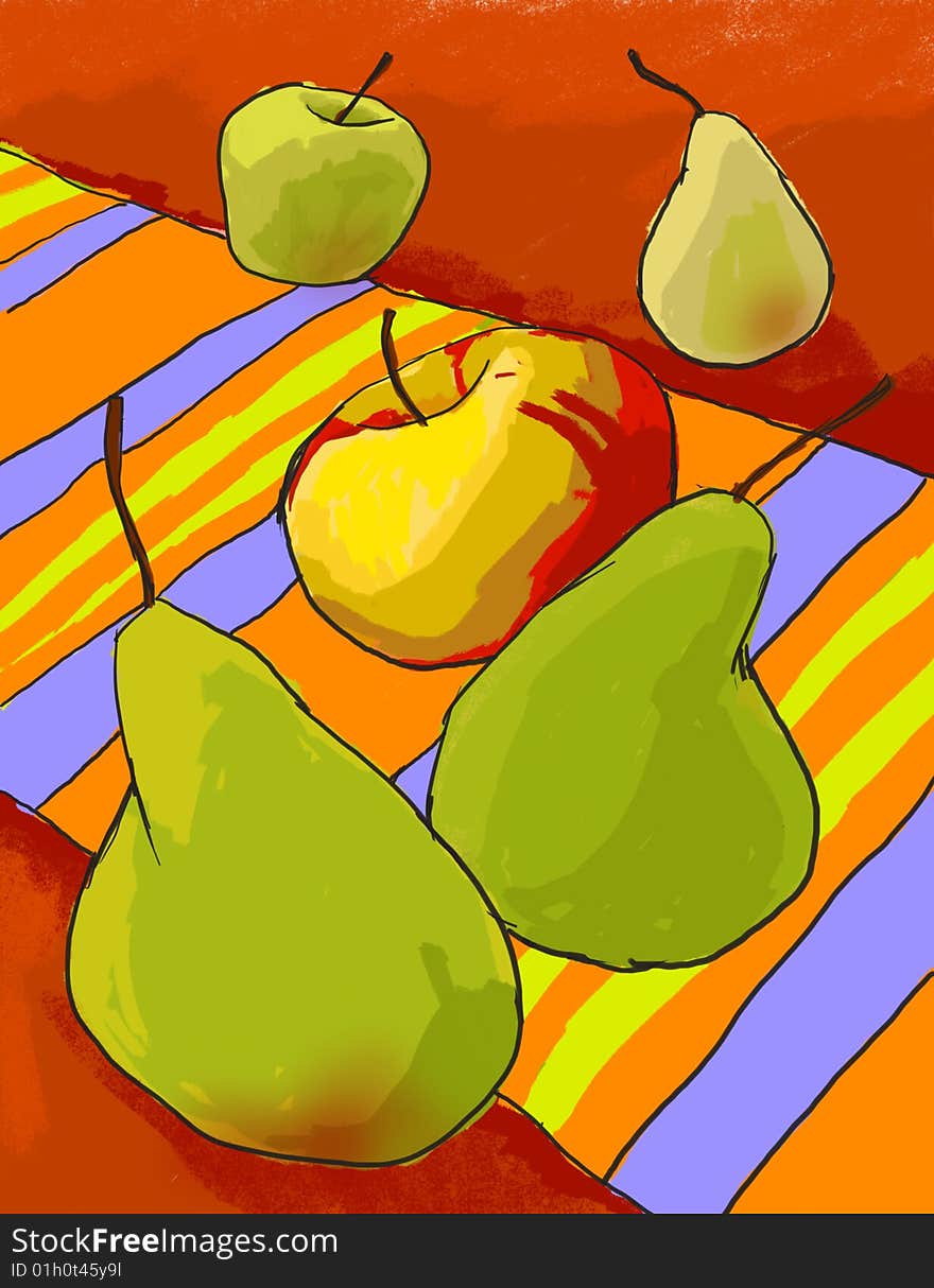 Pears and an apple on the colorful rug.