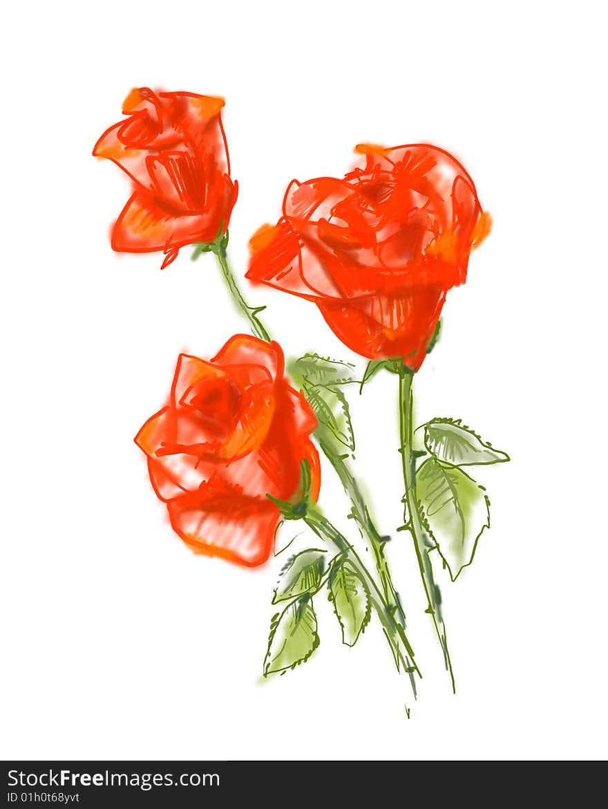 Three red roses on white background.