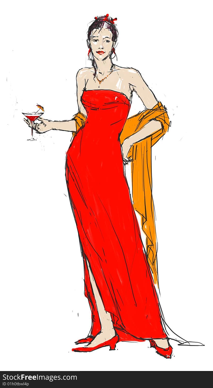 Elegant woman in red stands  with a glass of wine. Elegant woman in red stands  with a glass of wine.