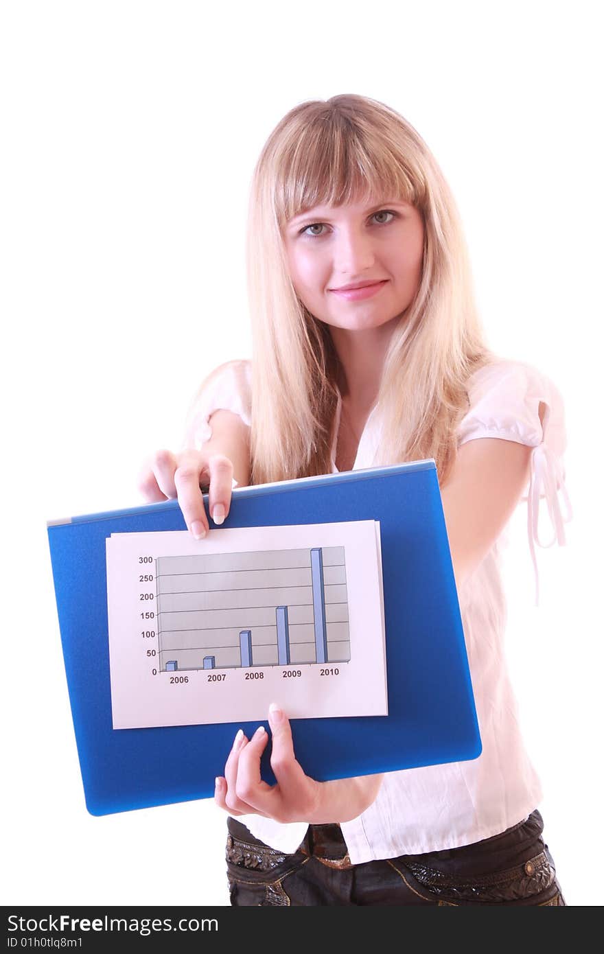 Woman showing positive chart isolated on white