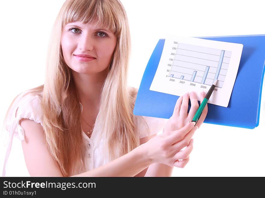 Woman showing positive chart isolated on white