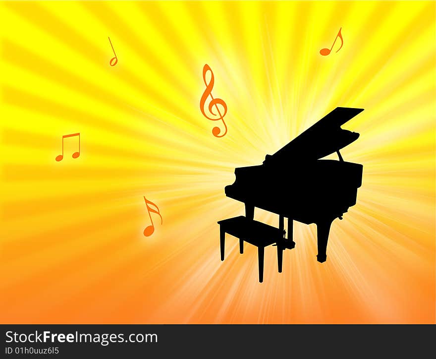 Piano instrument on a colorful background with notes in the air. Piano instrument on a colorful background with notes in the air