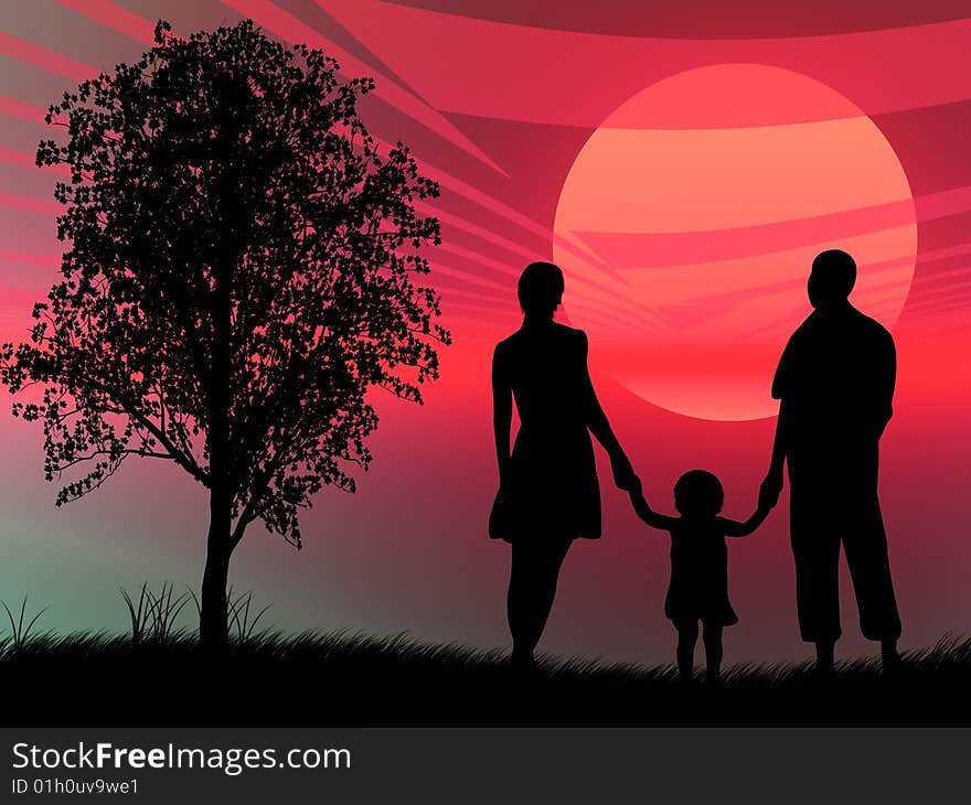 Family in front of a colorful sunset. Family in front of a colorful sunset