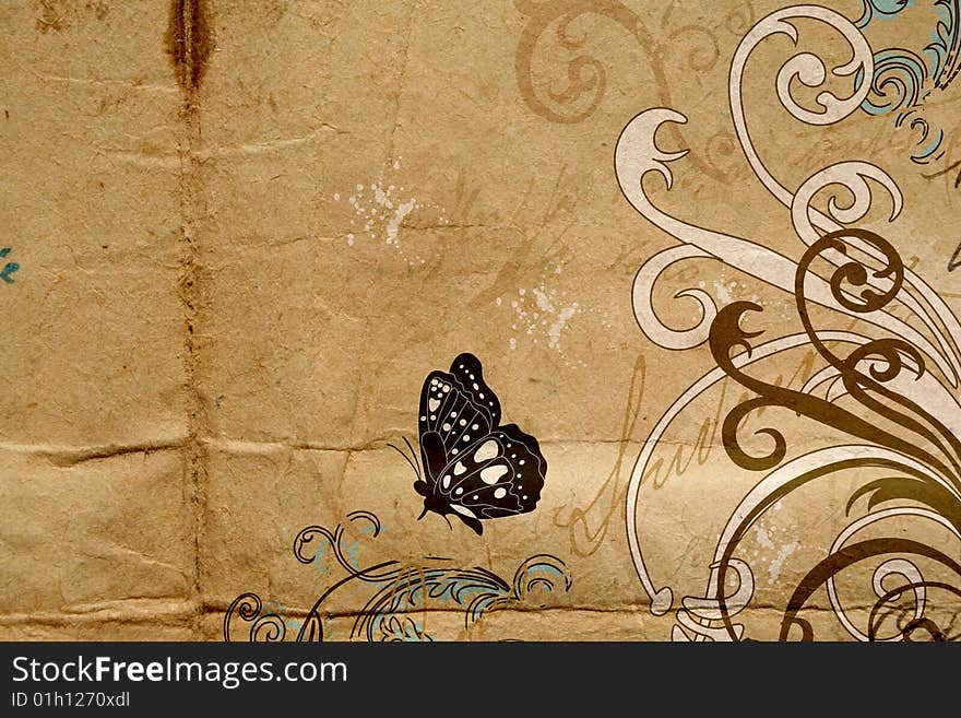 Illustration of a butterfly and decorative patterns on vintage paper. Illustration of a butterfly and decorative patterns on vintage paper