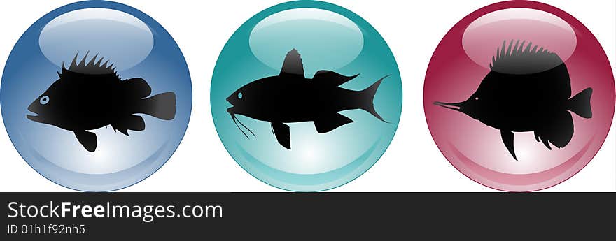 3d glassy shiny sea animals fish icons. 3d glassy shiny sea animals fish icons