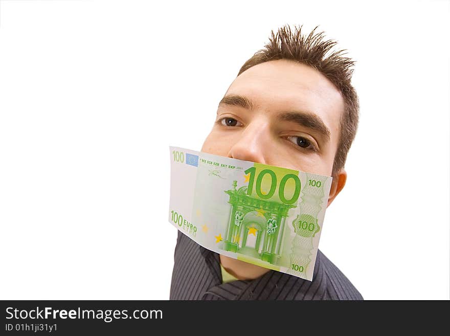 The businessman which mouth is gagged with money (isolated in white background). The businessman which mouth is gagged with money (isolated in white background)