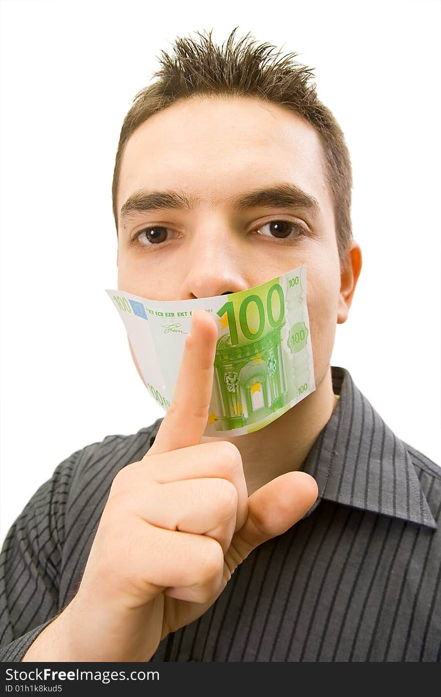 The businessman which mouth is gagged with money (isolated in white background). The businessman which mouth is gagged with money (isolated in white background)