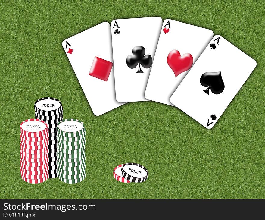 A fan of four aces on green table. A fan of four aces on green table