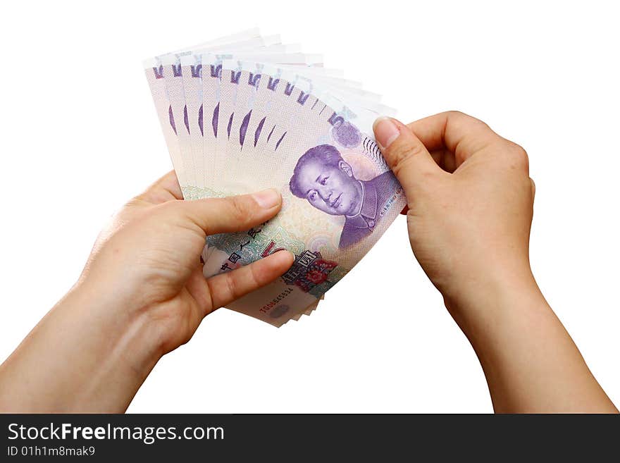 Hand with money on a white background