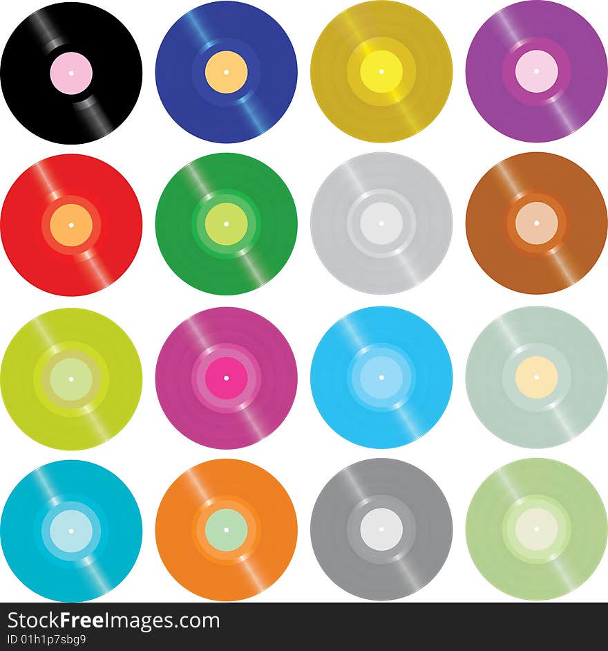 Set of motley old vinyl records isolated on white(vector, CMYK)