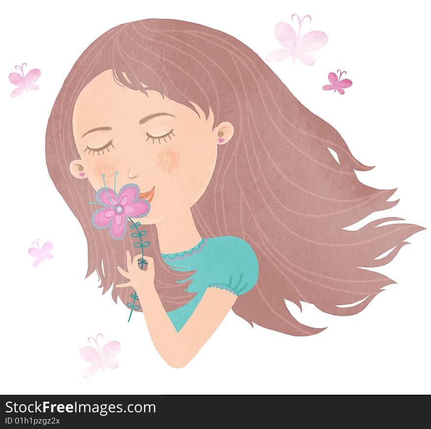 Cute young girl smelling flower illustration