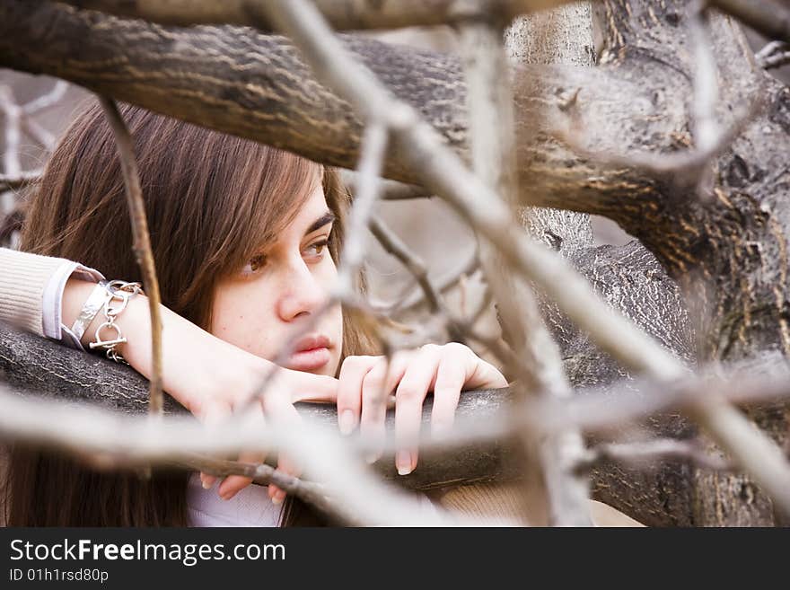 Young green eyed beauty between dead branches. Young green eyed beauty between dead branches