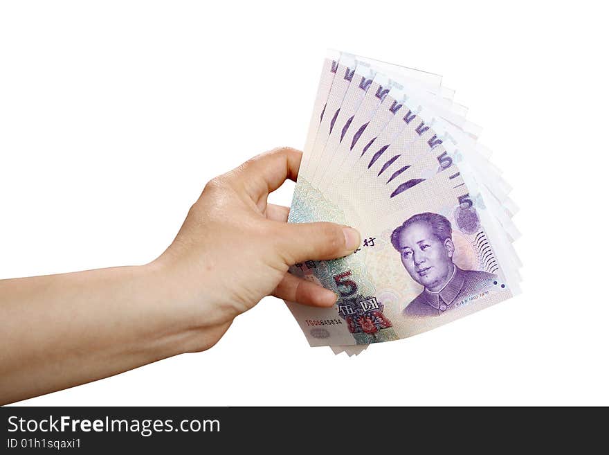 Hand with money on a white background