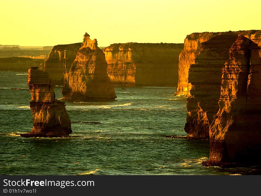 Twelve Apostles, Great Ocean Road, Victoria, Australia at sunset.