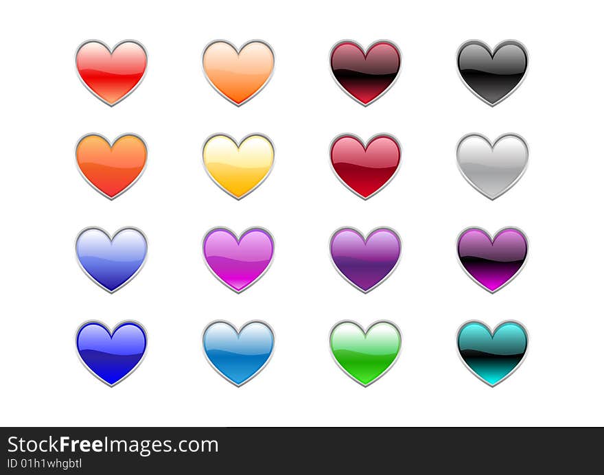 Vector illustration of modern, shiny, heart shape buttons.