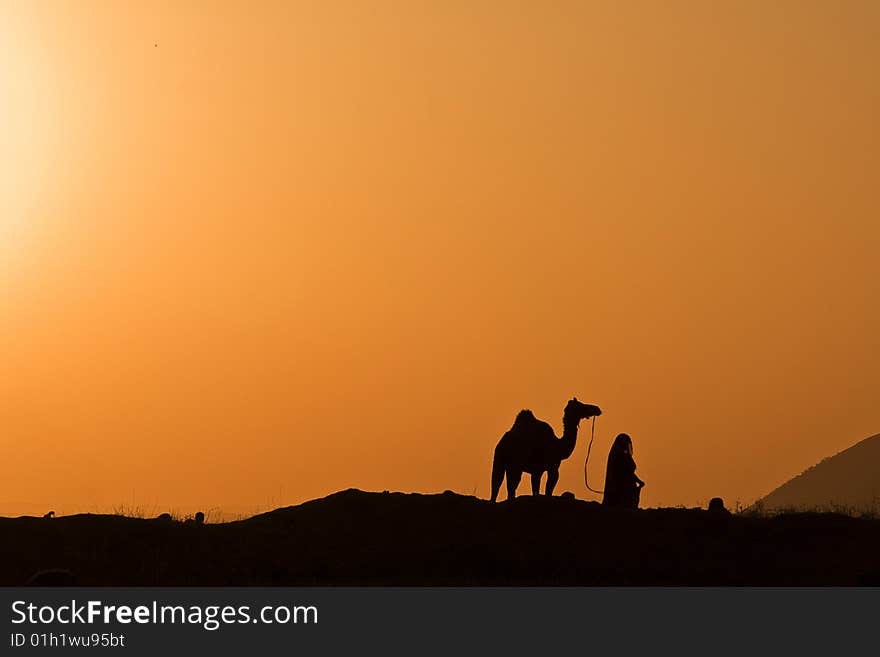 Image is taken on a hillock in a rural region of Rajasthan which depicts a lady drawing her camel back home against the sun. Image is taken on a hillock in a rural region of Rajasthan which depicts a lady drawing her camel back home against the sun.