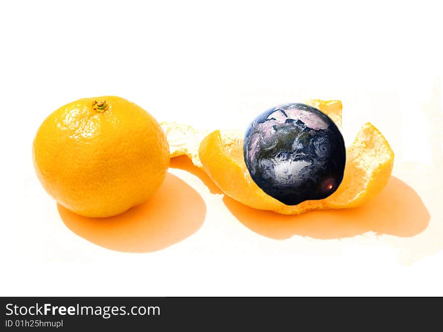 Pare of mandarines and one with planet inside. Pare of mandarines and one with planet inside