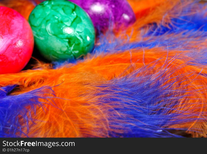 Colorful Easter eggs on the colored feathers