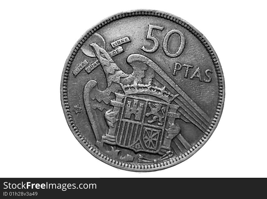 España, currency fifty pesetas in isolated white background. España, currency fifty pesetas in isolated white background