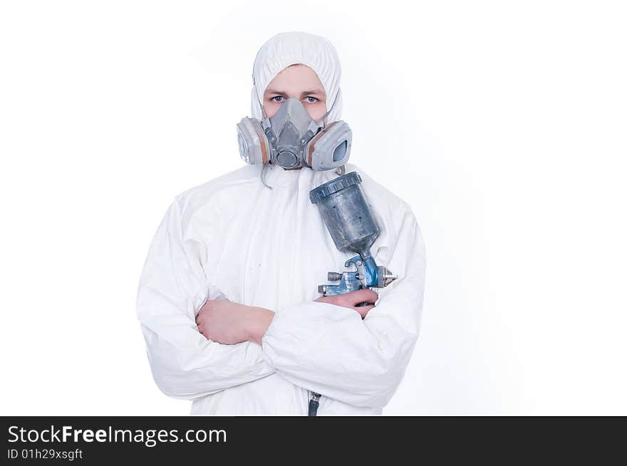 Worker with airbrush gun, isolated on white background