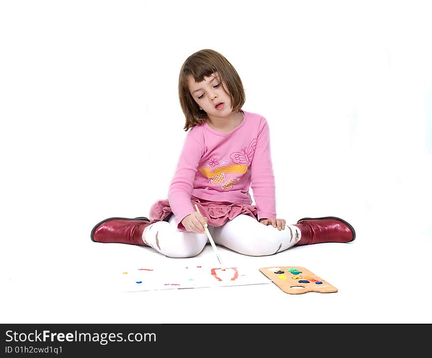 Little girl 4 years old painting, white isolation. Little girl 4 years old painting, white isolation