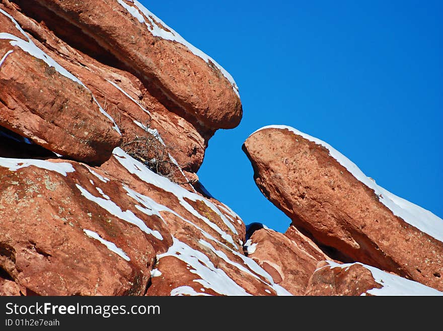 Diagonal Limestone Rock Formation Sprinkled In Sno