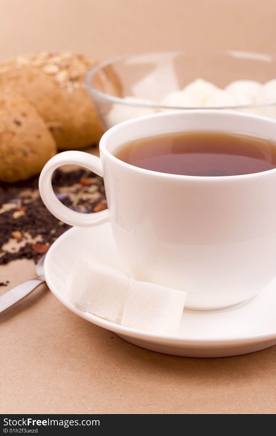 Cup of tea, mozzarella and bread closeup