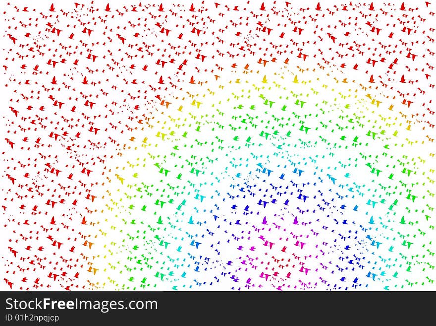 A flight of many birds flying in rainbow colors