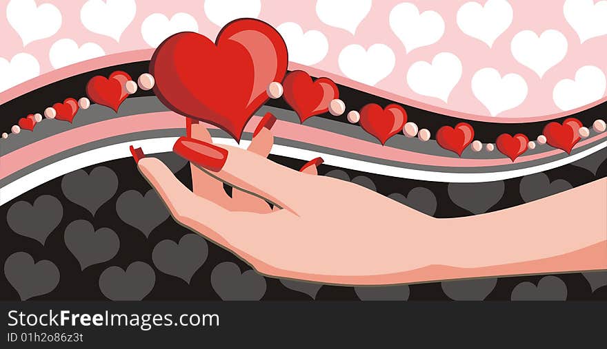 Vector woman’s hand holding red heart. Vector woman’s hand holding red heart