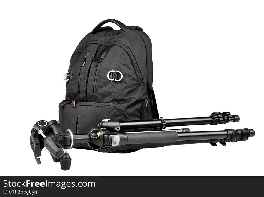 Photo backpack and  tripod on a white background. Photo backpack and  tripod on a white background