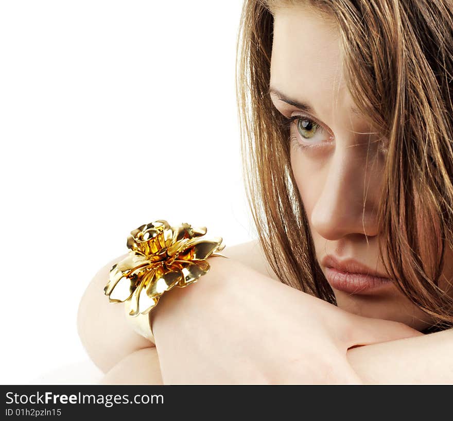 Green-Eyed Beauty Tired Girl with Gold Jewelry