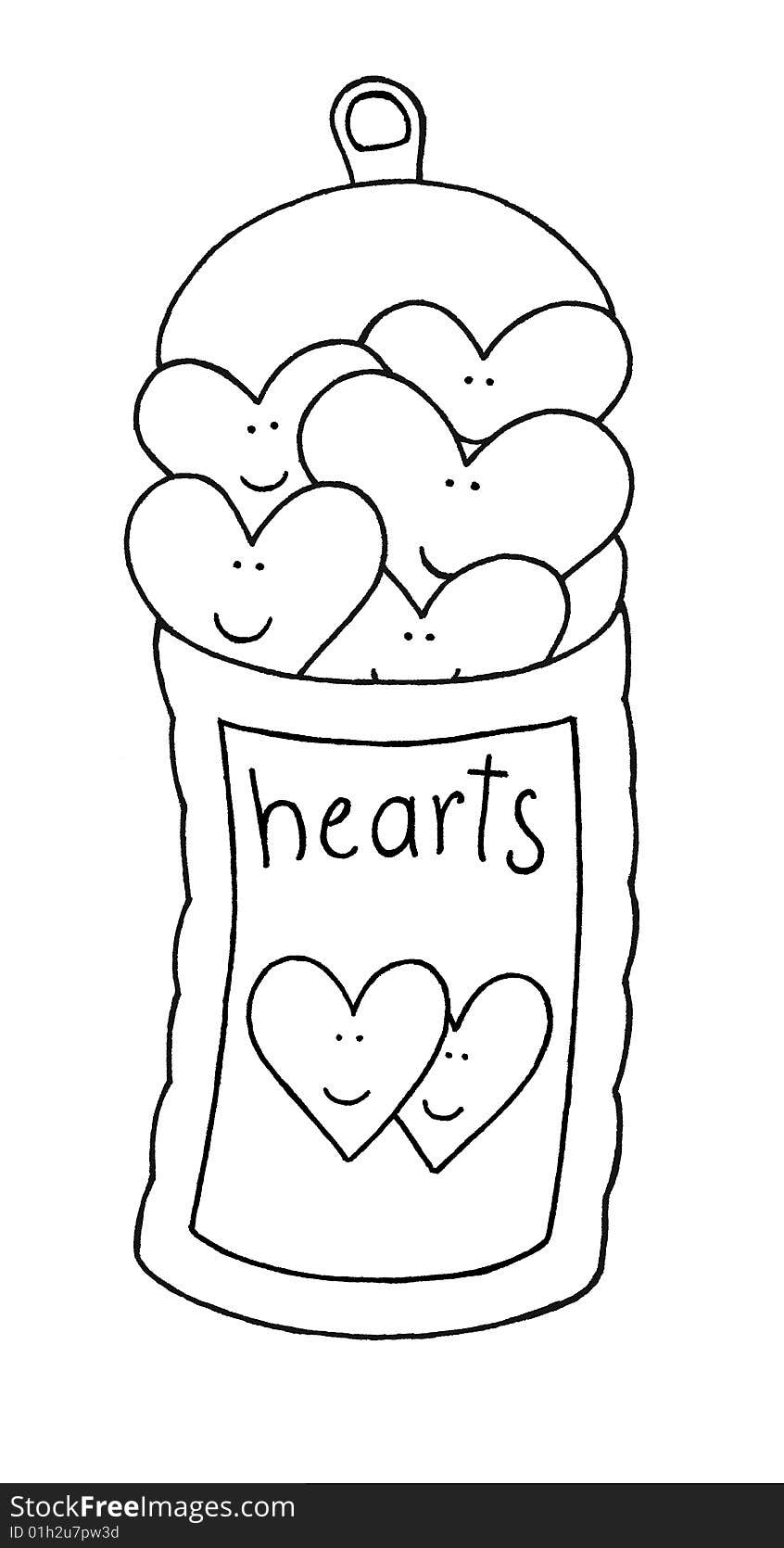 Black and white illustration of a can full of hearts