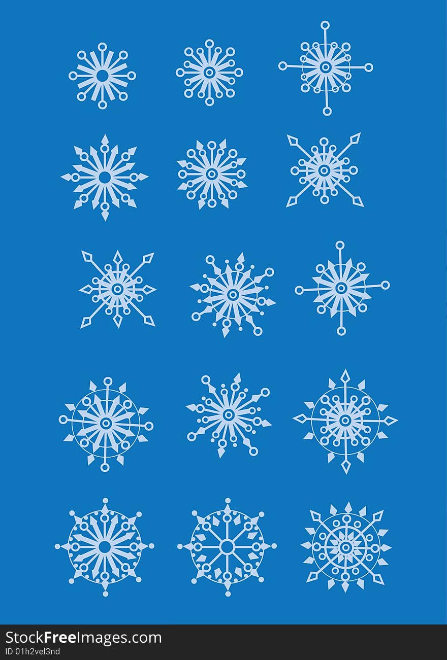 Fifteen different snow flakes in blue background. Fifteen different snow flakes in blue background