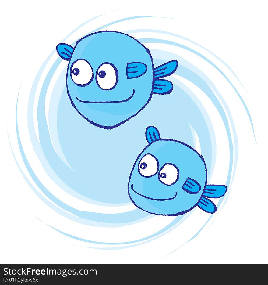 Two happy fishes in top of blue spiral