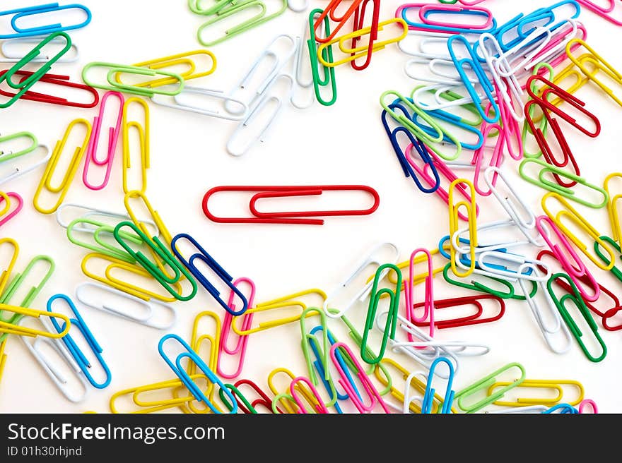 Close-up of paper clips on a white background