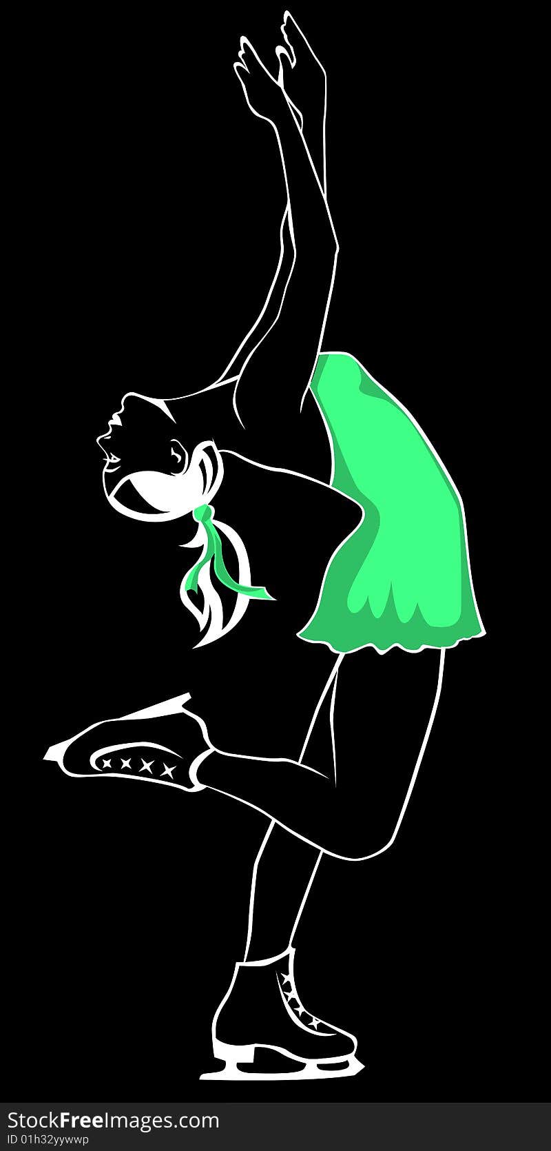 Female figure skater in a green dress on black background