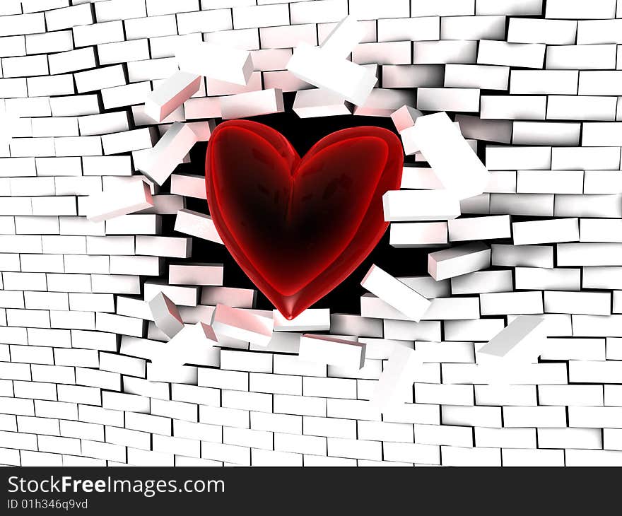 Abstract 3d illustration of red heart breaking the wall. Abstract 3d illustration of red heart breaking the wall