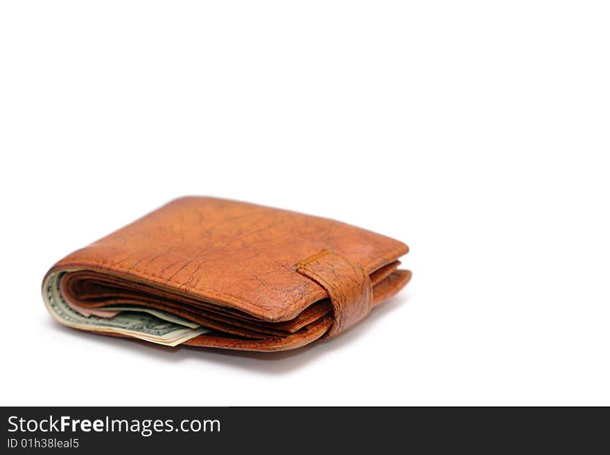 Purse with money for a white background close up