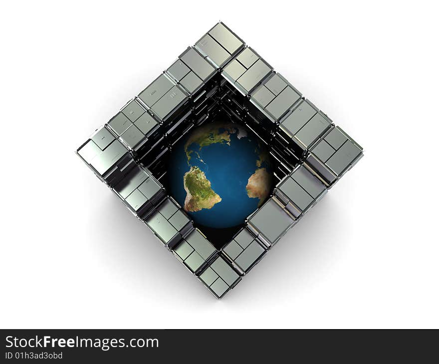 Abstract 3d illustration of earth globe in steel industrial cube. Abstract 3d illustration of earth globe in steel industrial cube