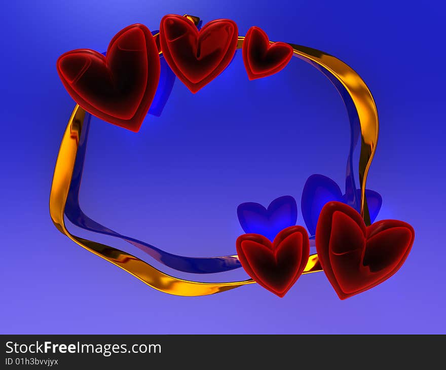 Abstract 3d illustration of red hearts and golden ribbon over blue background. Abstract 3d illustration of red hearts and golden ribbon over blue background