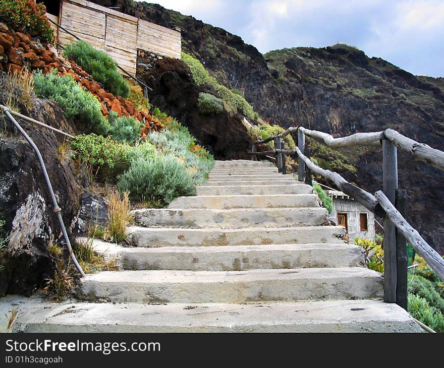 Small house and old stairs on Canary island La Palma