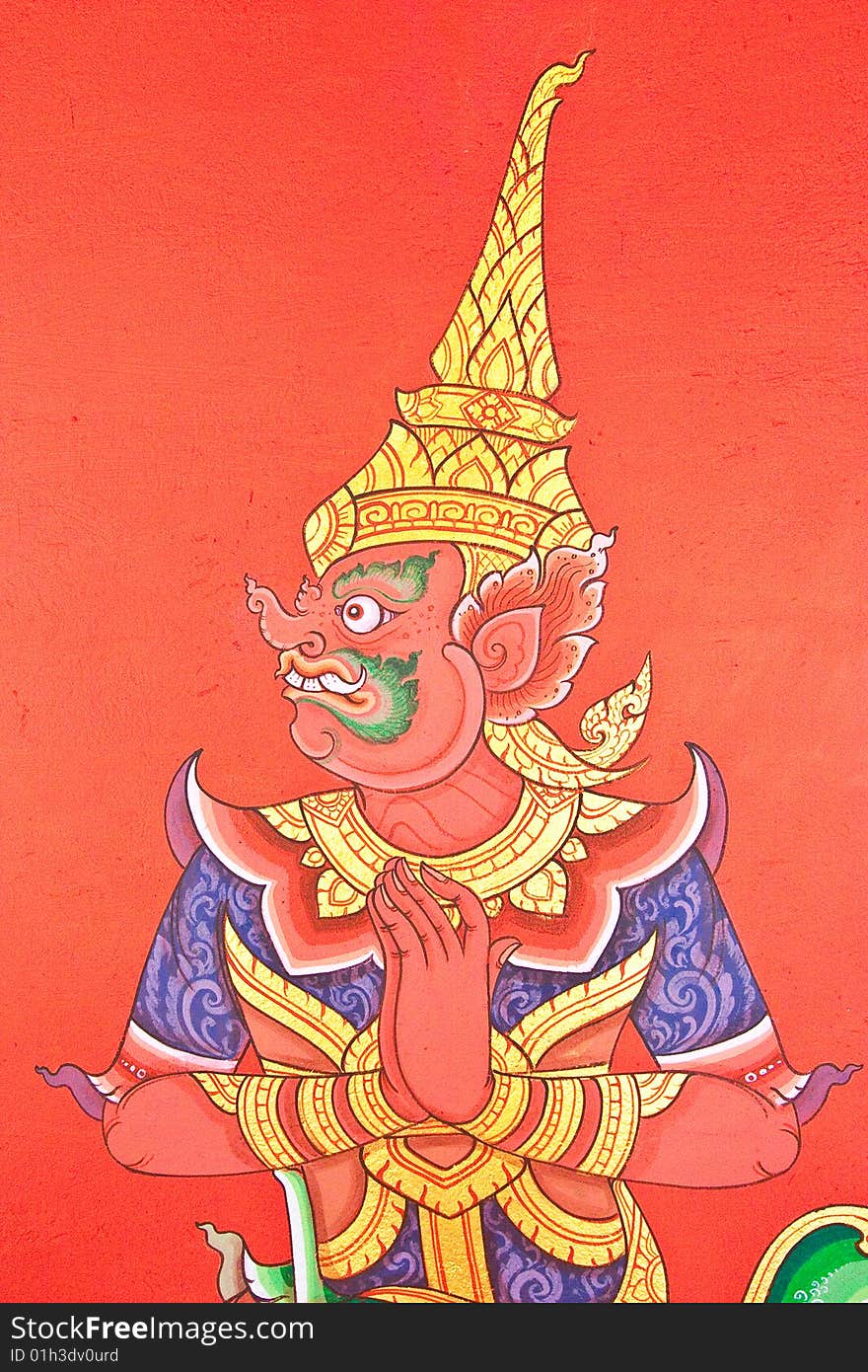 Details Of Thai Traditional Style Door Painting.